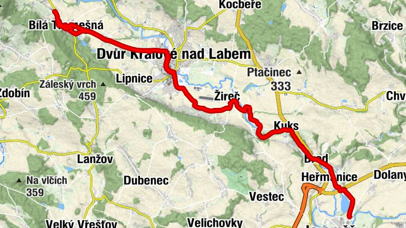 Bílá Třemešná - Sbor J. A. Komenského (Církev československá husitská) - Restaurace U Kaiserů - Dvůr Králové nad Labem