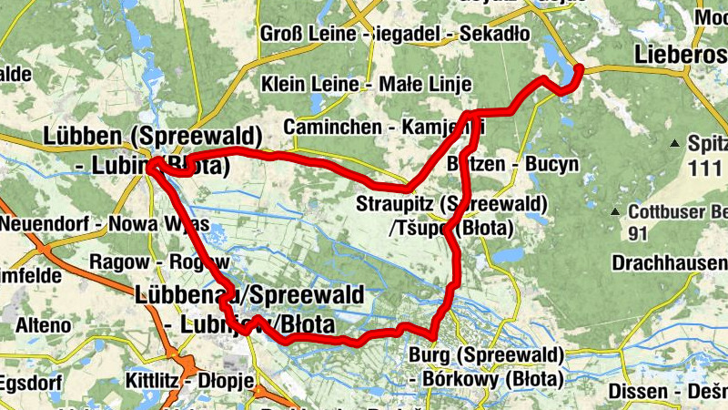 Lamsfeld - Njagluz - Gasthof Graßmel - Lübben (Spreewald) - Lubin (Błota) - Ev. Schinkelkirche Straupitz