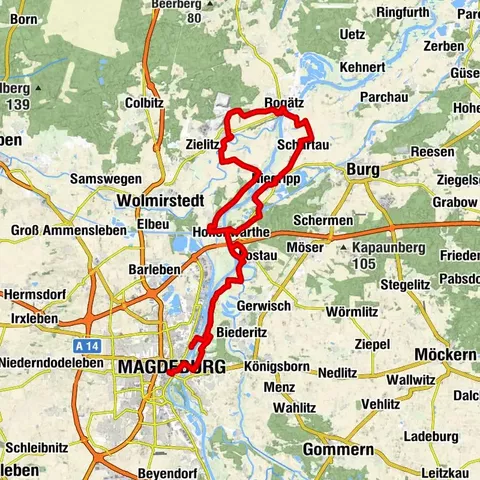 Rundkurs: Magdeburg TI - Wasserstraßenkreuz - Fähre Rogätz - Wasserstraßenkreuz - Magdeburg Wissenschaftshafen