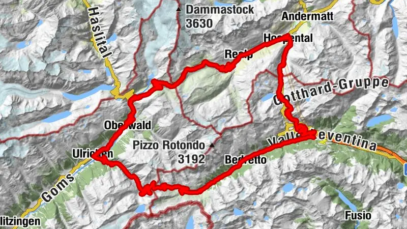 Aussichtsreiche Rennradrunde von Hospental über den Nufenenpass / Passo della Novena, Furkapass und Passo del San Gottardo (Gotthardpass) nach Oberwald, Ulrichen und Airolo