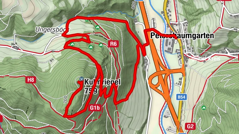 8.0km Petersbaumgarten-Gratzerhöhle-BurgGrimmenstein-Kulmriegel
