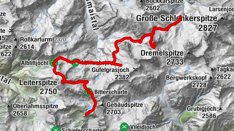 Württemberger Haus - Leiterspitze - Alblittjöchl - Gifhuette - Spiehlerturm - Hanauer Hütte