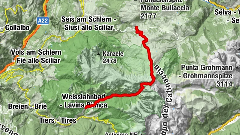 Völs/Seis Tagestour: Top & Schwer (1400 HM) Start Weisslahnbad/Via #3 durch Tschamintal-Steig/Einstieg Bärenloch/Rüber zur Tierser Alple/Rosszahnscharte/runter zur Seiser Alm - Ende Seilbahn Compatch (6 Stunden Tour)