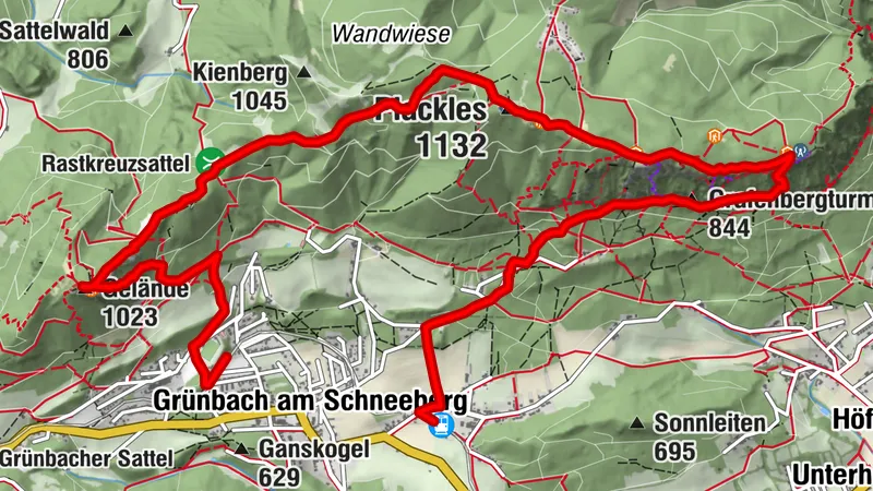 Hohe Wand: Bhf Grünbach - Springlessteig - Plackles - Gelände - Bhf Grünbach / Schule