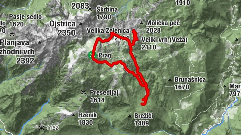 pl. Podvežak-V. vrh-V. Zelenica-Molička pl.-Sedelce-Prag-Vodotočnik-pl. Podvežak