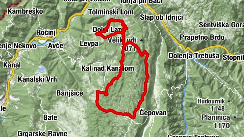 Kanalski Lom-Testeni-Rut-Zg. Lokovec-Sr.Lokovec- po vojaski poti Vrhavč-po gozdni poti Cvetrež-K.Lom