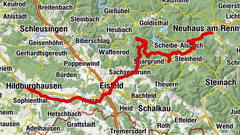 Thüringer Fernradwege - 02 - Werratal-Radweg - Etappe 1: Neuhaus am Rennweg  →  Hildburghausen